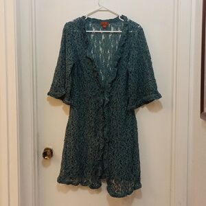 Scully Ladies BOHO Lace Flare Duster. Soft teal blue and gray. Gently used.